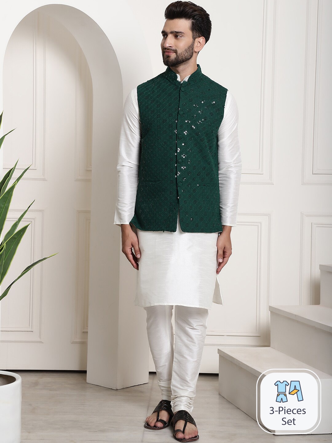 

SOJANYA Mandarin Collar Regular Silk Cotton Kurta With Pyjama & Embellished Nehru Jacket, White