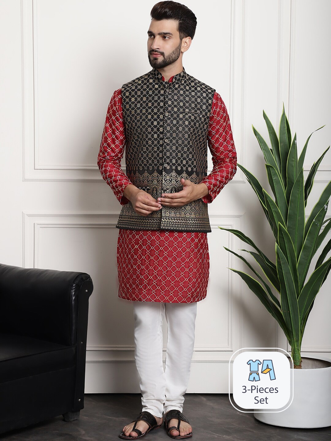 

SOJANYA Geometric Embroidered Thread Work Silk Cotton Kurta With Pyjama & Nehru Jacket, Maroon