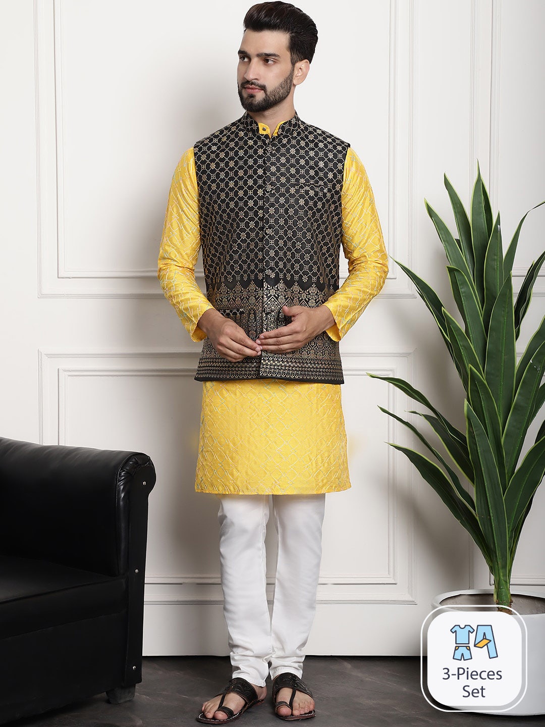 

SOJANYA Ethnic Motifs Embroidered Kurta With Pyjamas & Nehru Jacket, Mustard