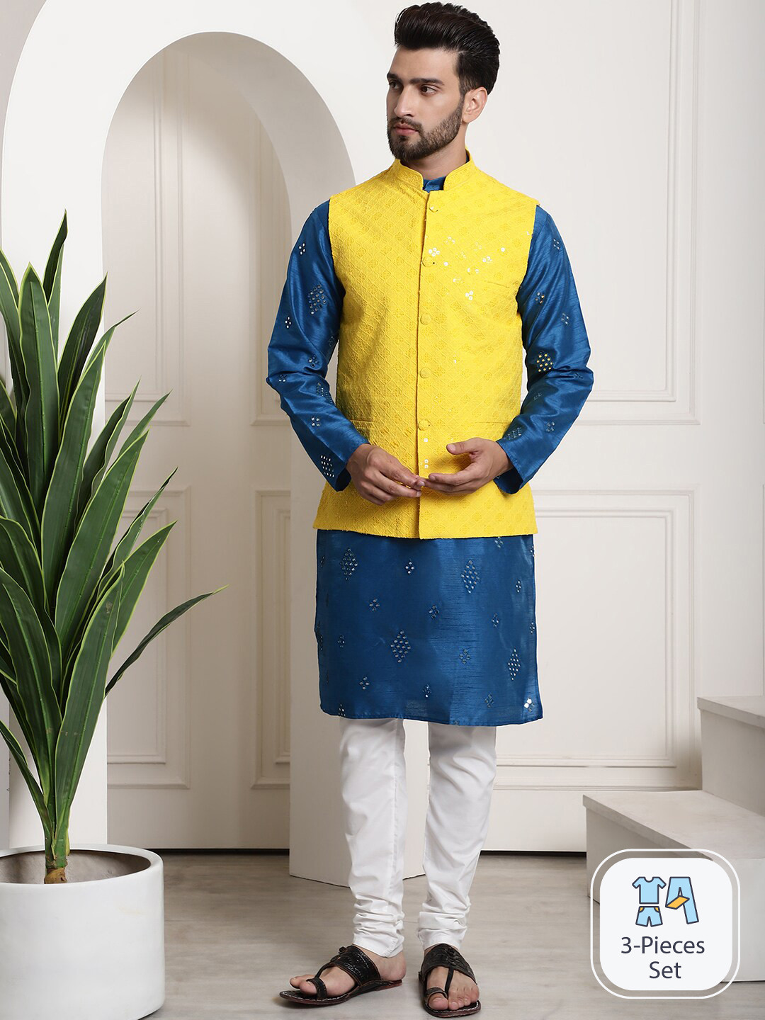 

SOJANYA Ethnic Motifs Embroidered Mirror Work Straight Kurta With Churidar & Nehru Jacket, Blue