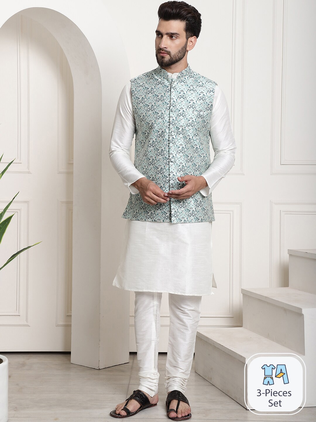 

SOJANYA Band Collar Straight Kurta With Churidar With Nehru Jacket, Cream
