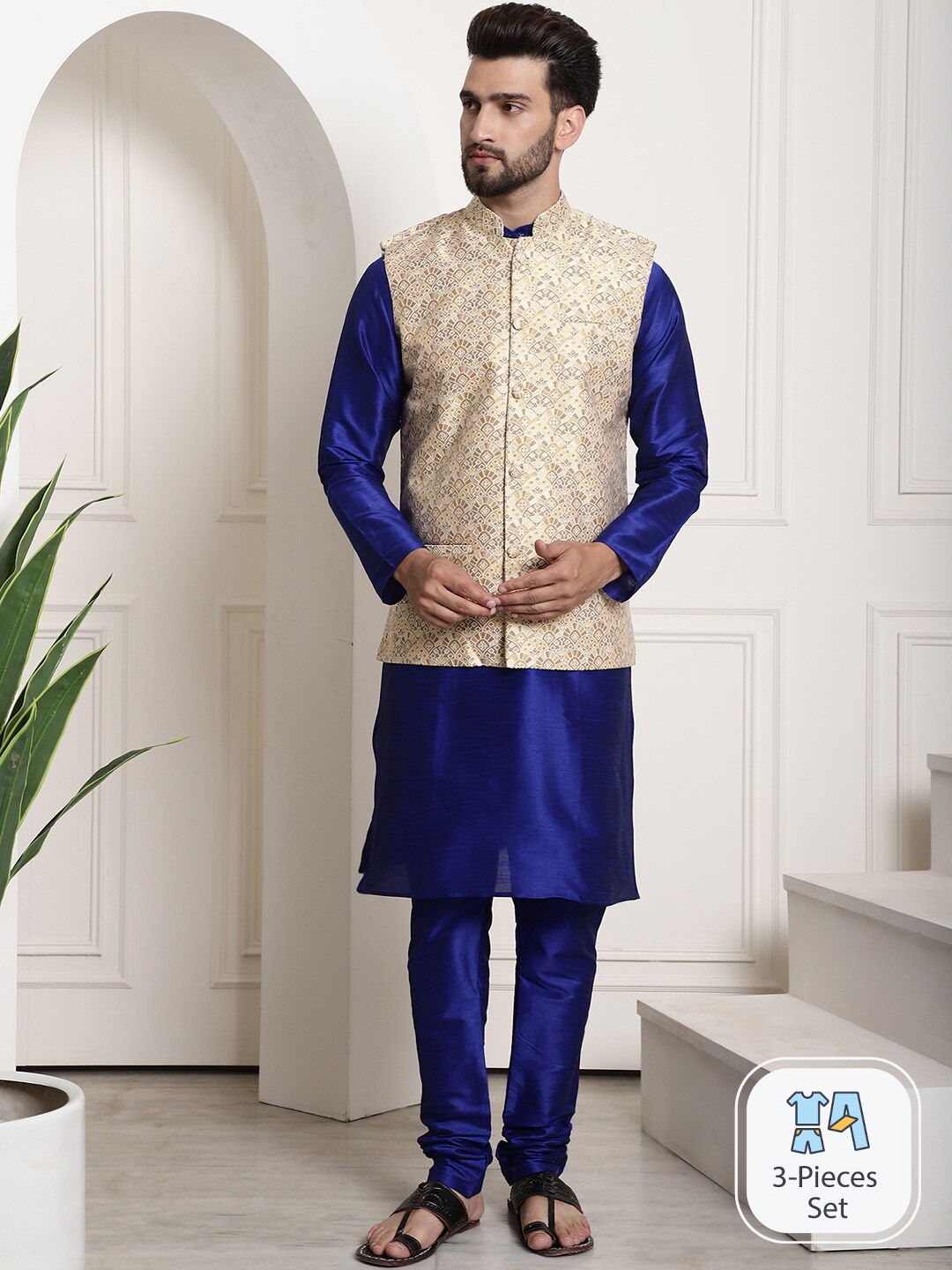 

SOJANYA Mandarin Collar Regular Silk Cotton Kurta With Pyjama & Woven Design Nehru Jacket, Blue