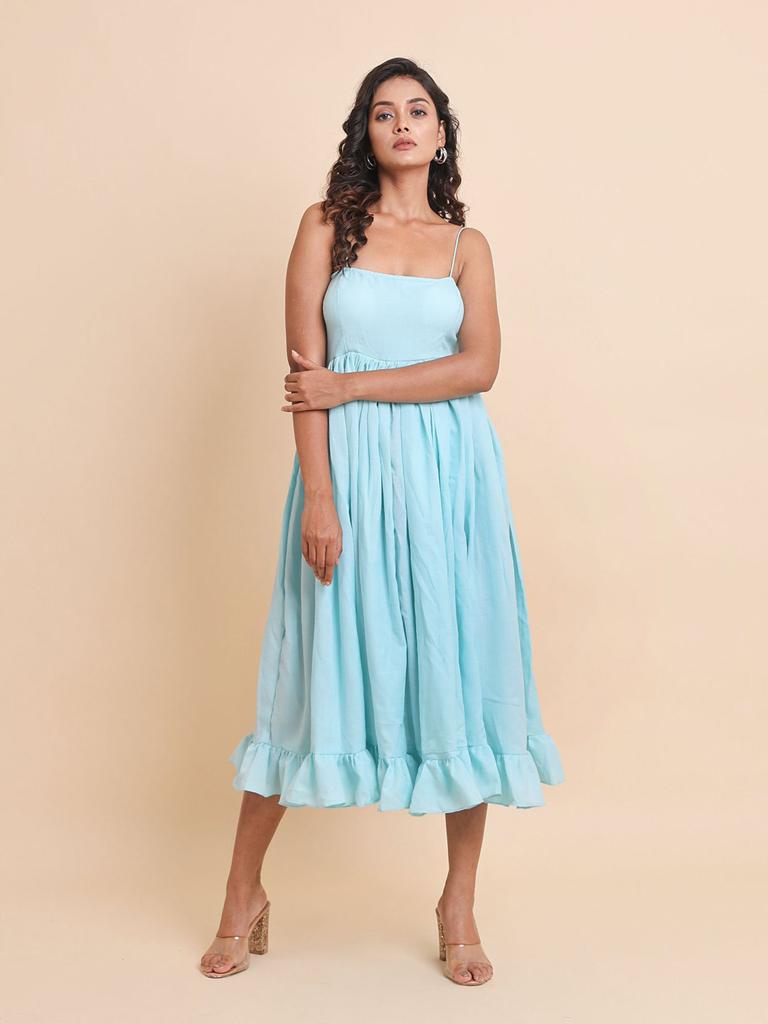 

Disli Shoulder Straps Ruffles Cotton Fit & Flare Midi Dress, Blue