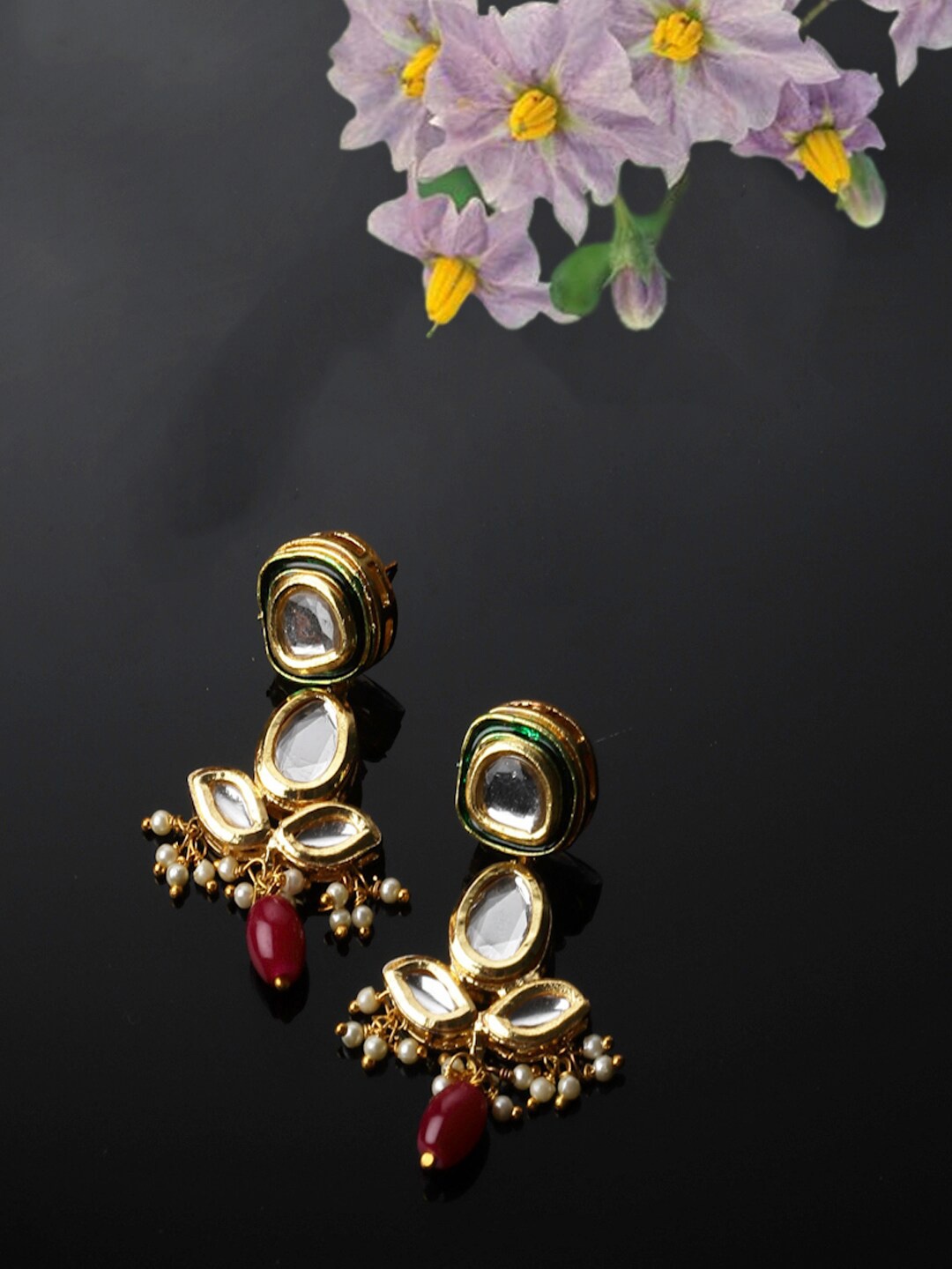 

DUGRISTYLE Kundan & Pearls Contemporary Drop Earrings, Red