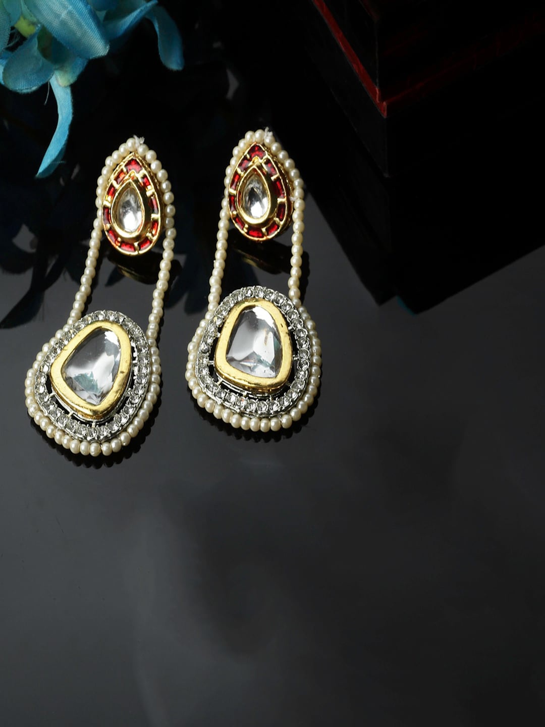 

DUGRISTYLE Gold Plated Kundan & American Diamonds Studed Drop Earrings