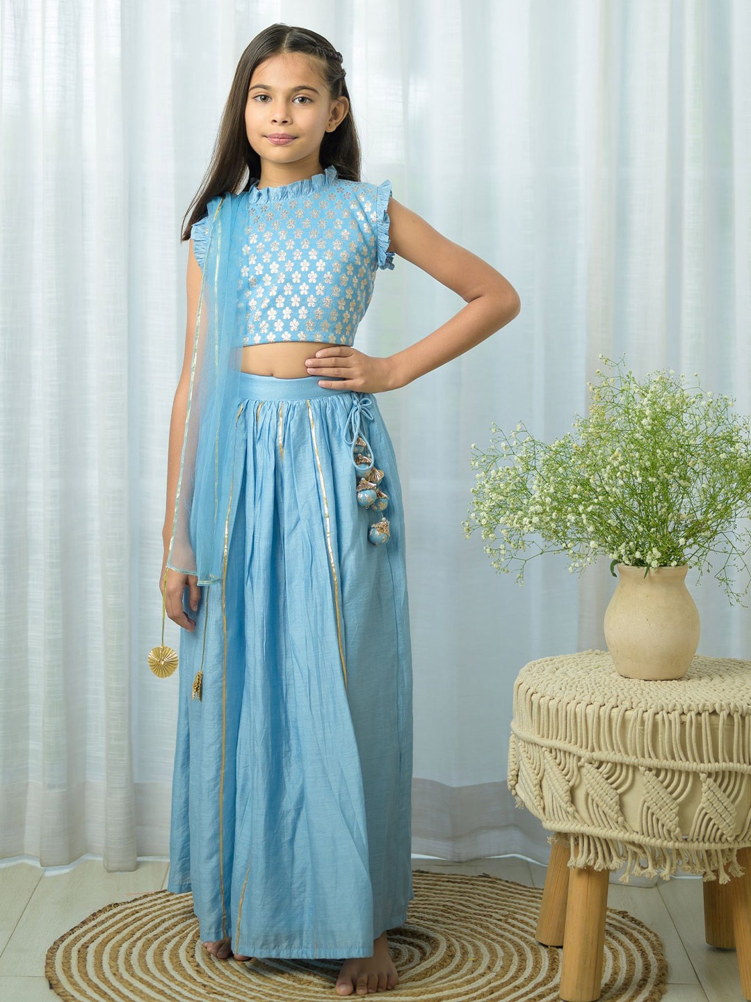 

Fairies Forever Girls Woven Design Pure Cotton Ready to Wear Lehenga & Blouse With Dupatta, Blue
