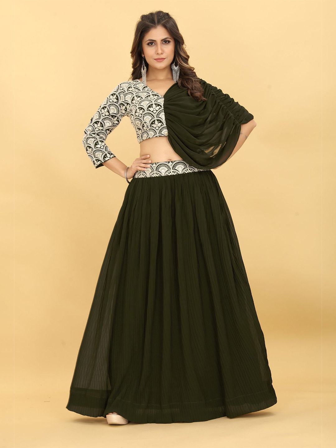 

KALINI Embroidered Thread Work Ready To Wear Georgette Lehenga Choli, Olive