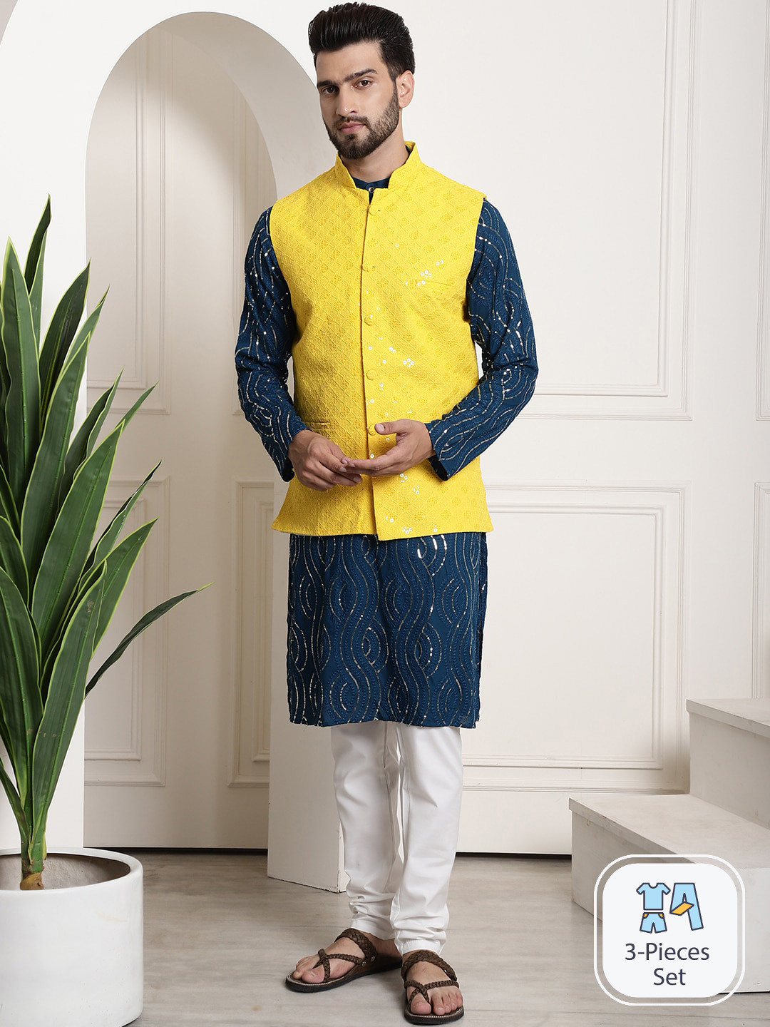 

SOJANYA Ethnic Motifs Embroidered Sequinned Pure Cotton Kurta With Churidar & Nehrujacket, Blue