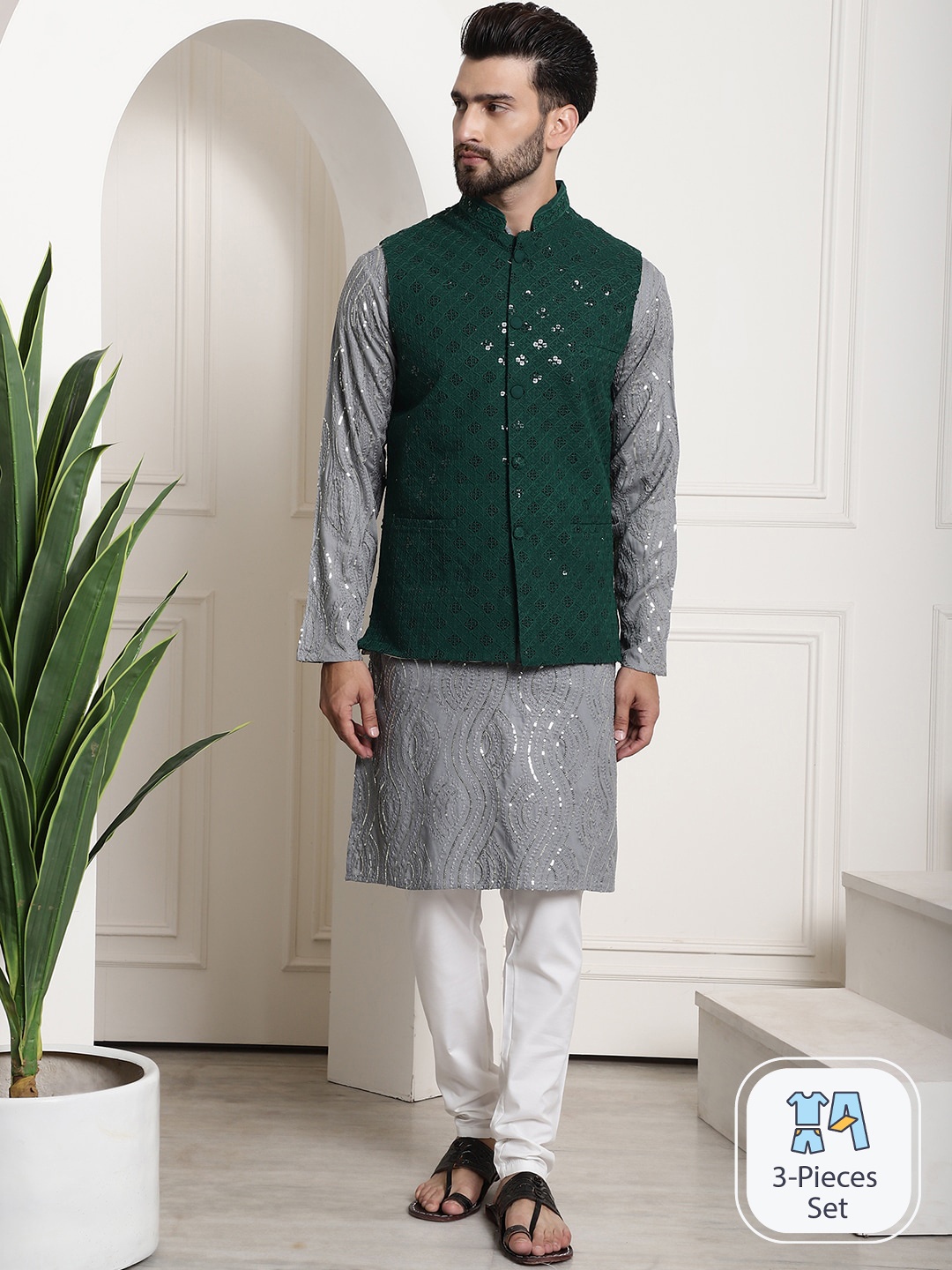 

SOJANYA Ethnic Motifs Embroidered Straight Cotton Kurta With Churidar With Nehru Jacket, Grey