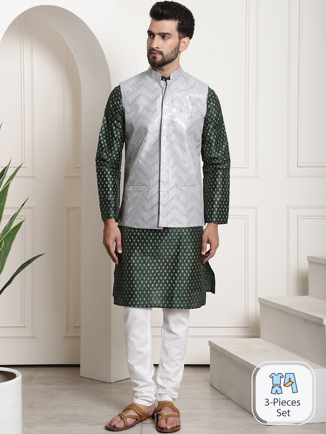 

SOJANYA Ethnic Motifs Embroidered Straight Cotton Kurta With Churidar With Nehru Jacket, Green