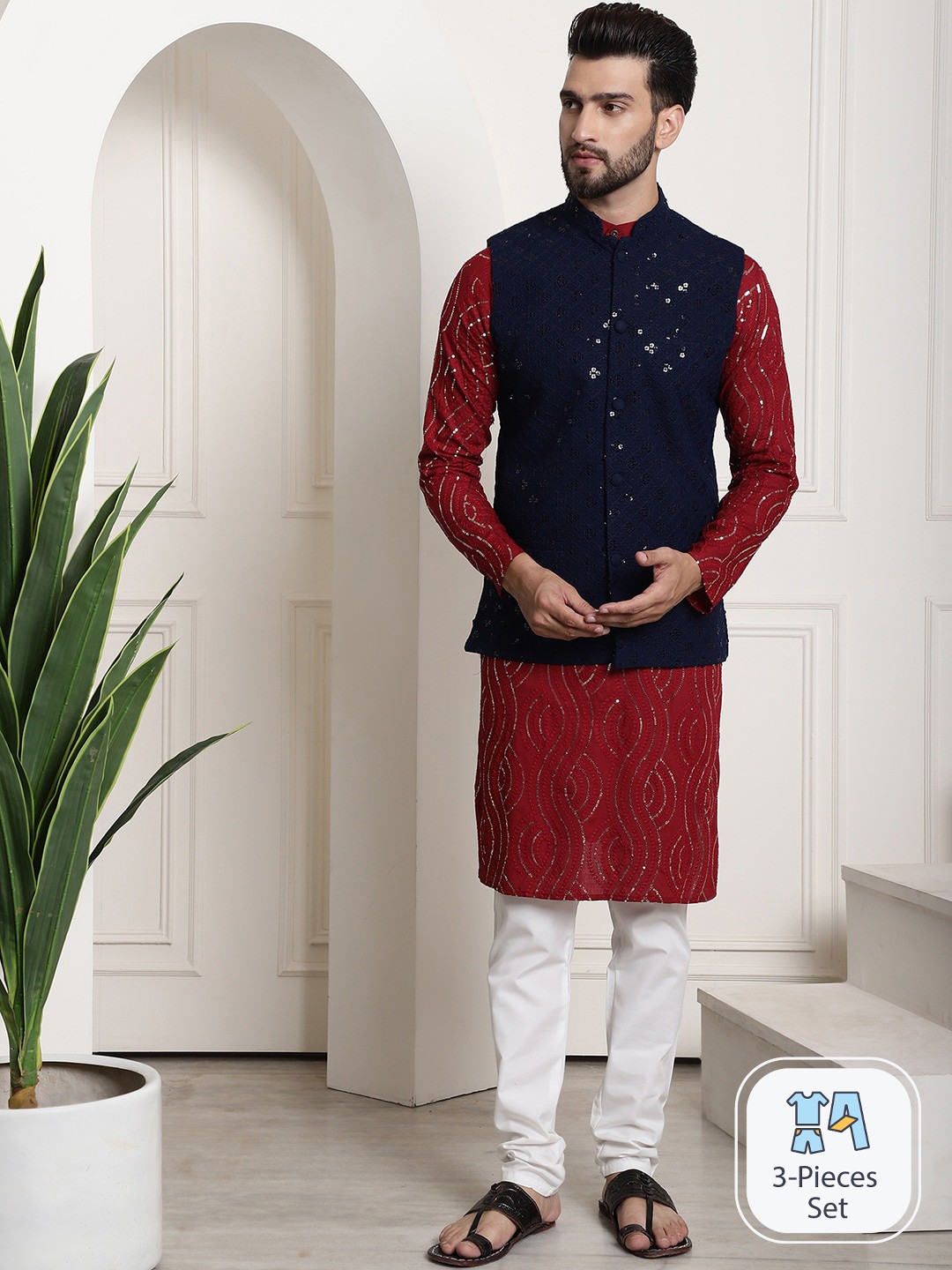 

SOJANYA Ethnic Motifs Embroidered Straight Cotton Kurta With Churidar With Nehru Jacket, Red