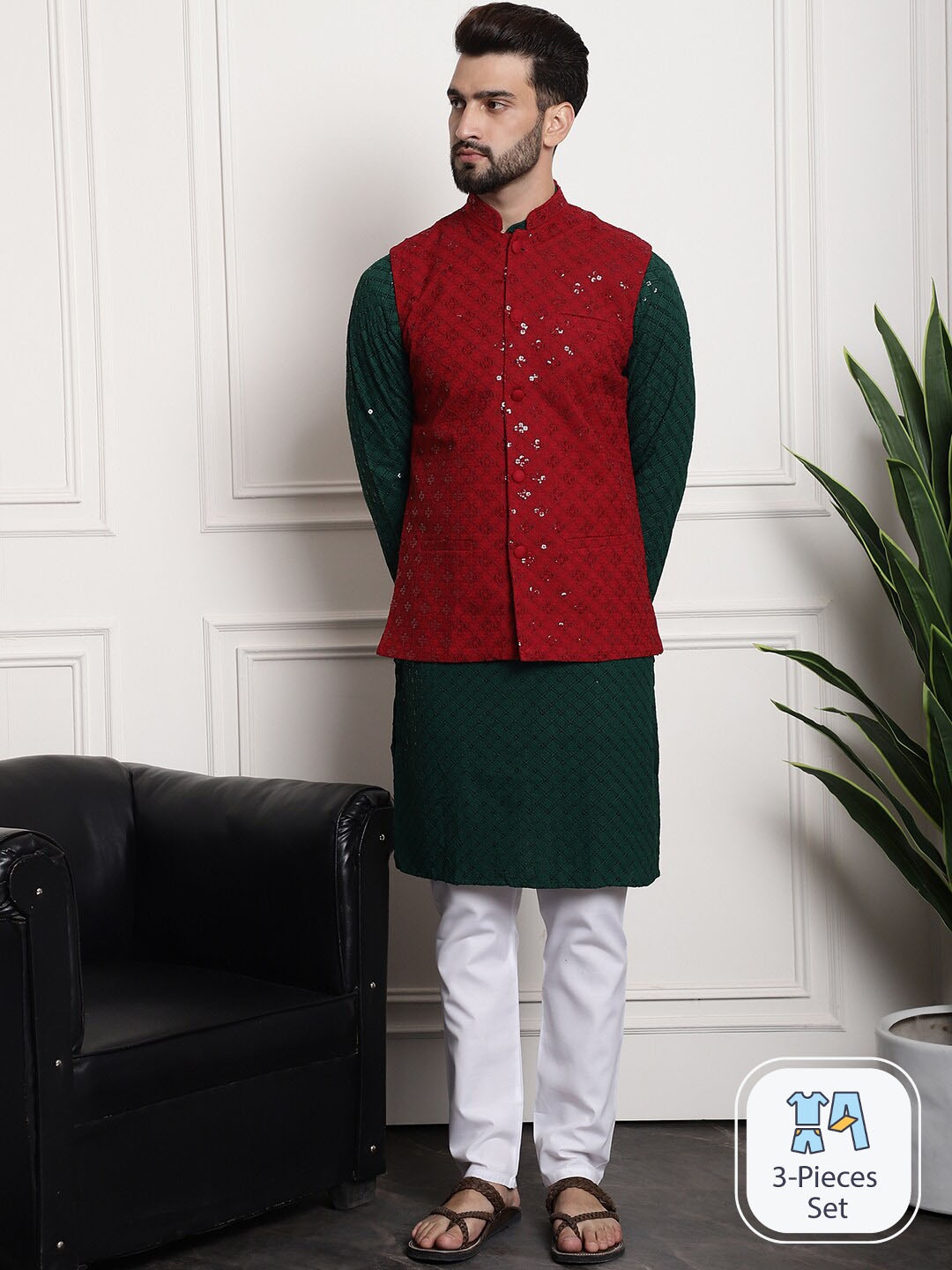 

SOJANYA Geometric Embroidered Sequinned Pure Cotton Kurta With Churidar & Nehrujacket, Green