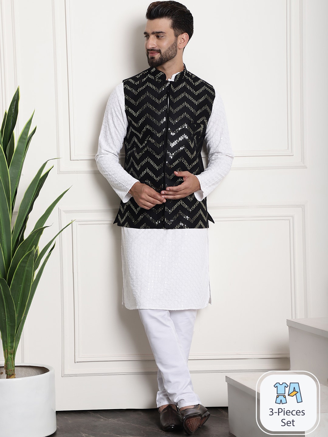 

SOJANYA Geometric Embroidered Sequinned Pure Cotton Kurta With Churidar & Nehrujacket, White