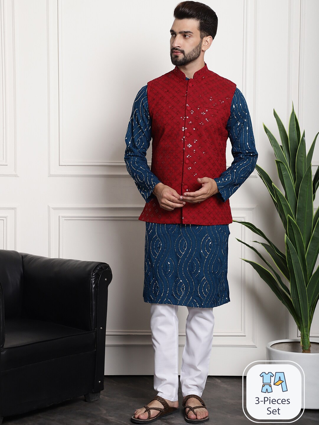 

SOJANYA Ethnic Motifs Embroidered Sequinned Pure Cotton Kurta Pyjama & Nehru Jacket, Teal
