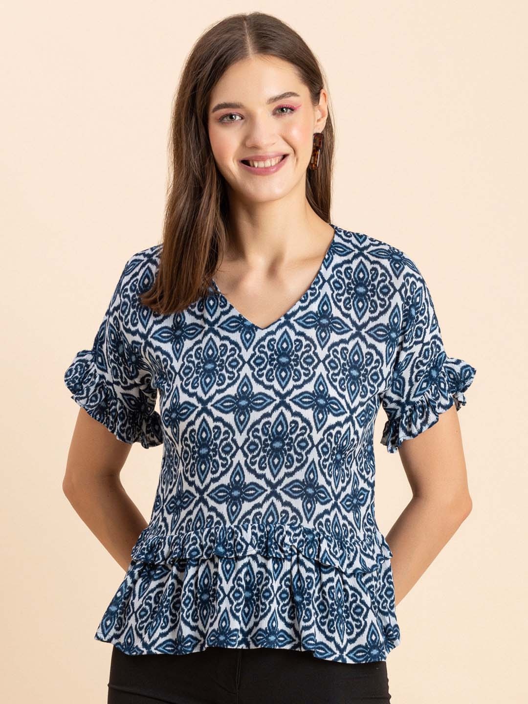 

Moomaya Ethnic Motifs Printed V-Neck Ruffled Regular Top, Blue