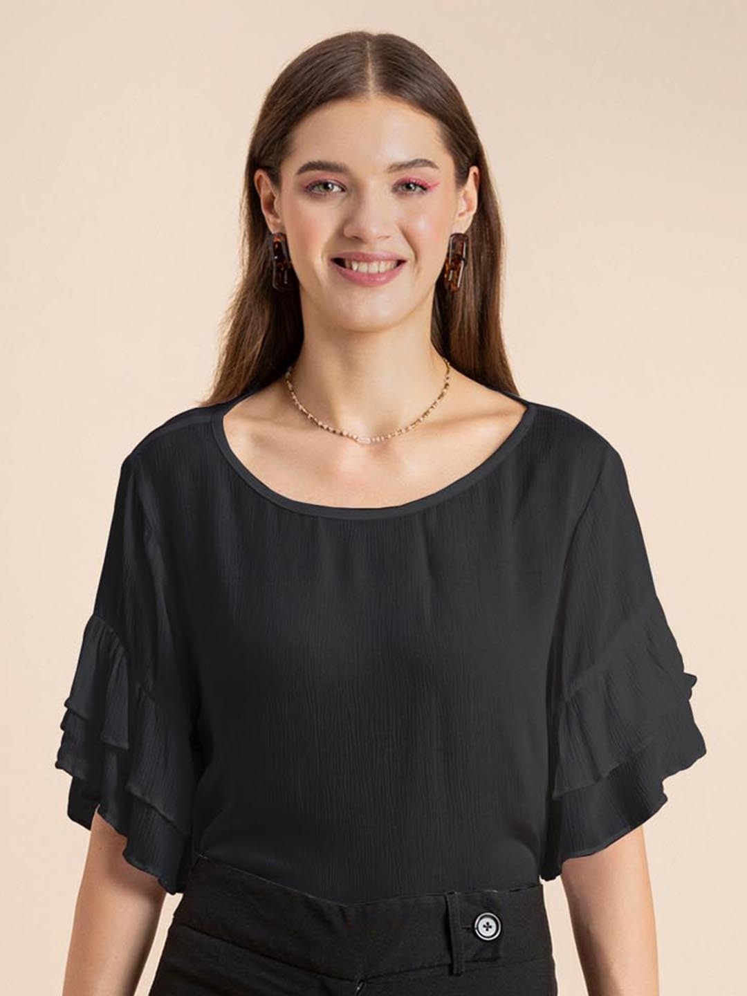 

Moomaya Round Neck Ruffled Top, Black