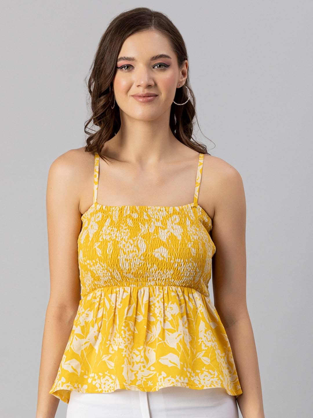 

Moomaya Yellow Floral Print Cotton Empire Top