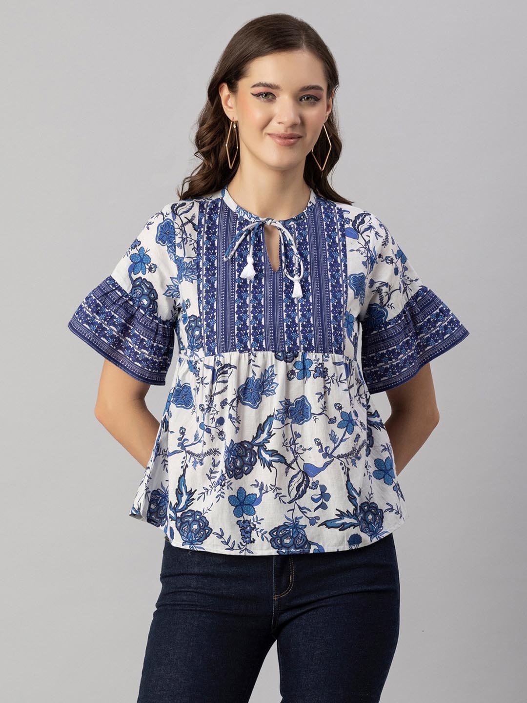 

Moomaya Blue Print Tie-Up Neck Extended Sleeves Cotton Top