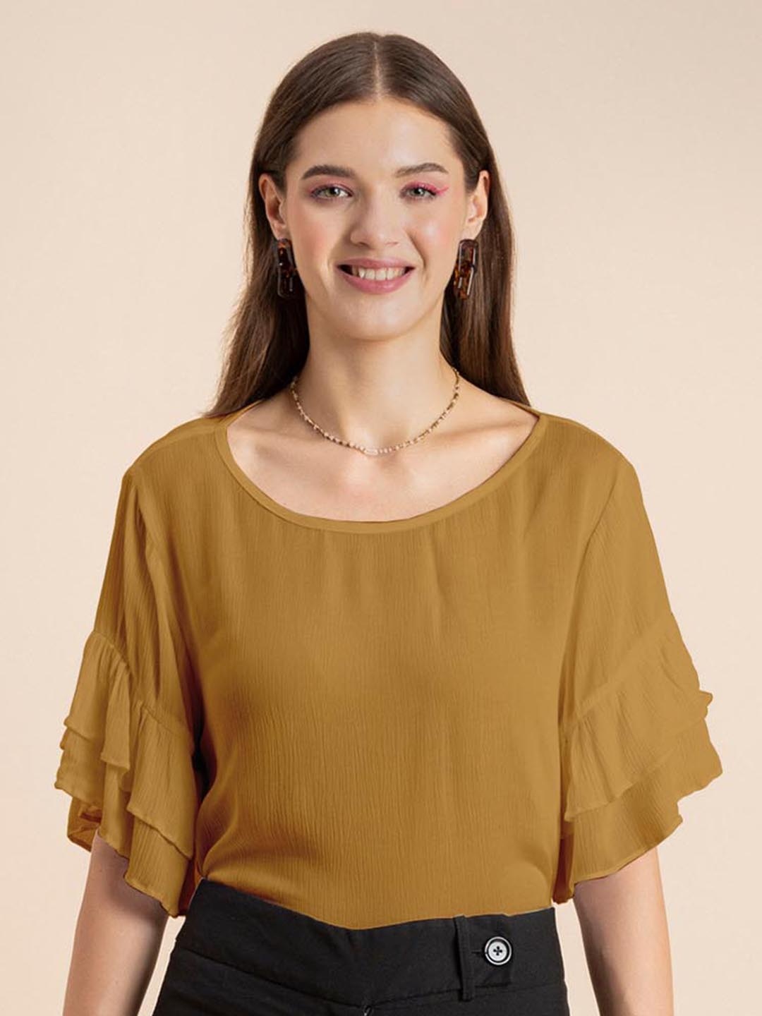 

Moomaya Round Neck Ruffled Top, Mustard