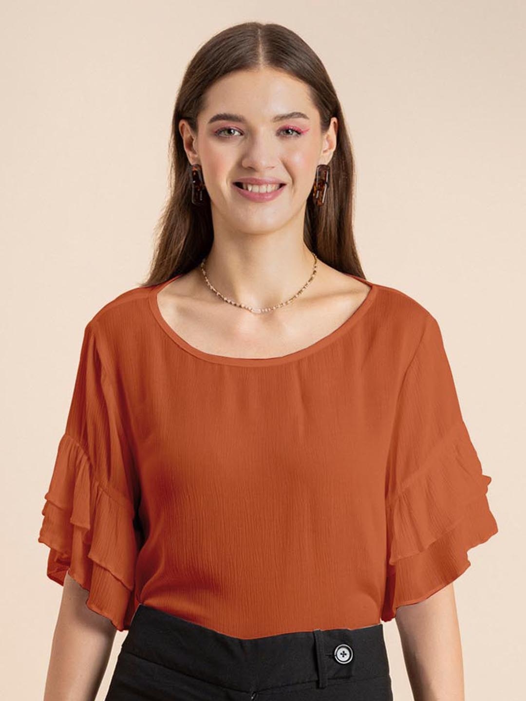 

Moomaya Round Neck Ruffled Top, Brown