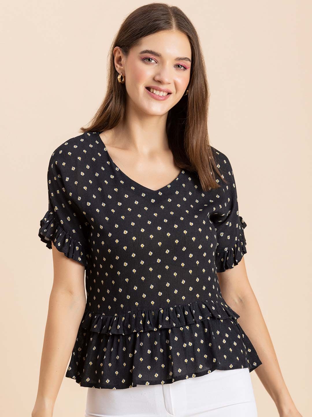 

Moomaya Floral Printed Printed V-Neck Ruffled Regular Top, Black
