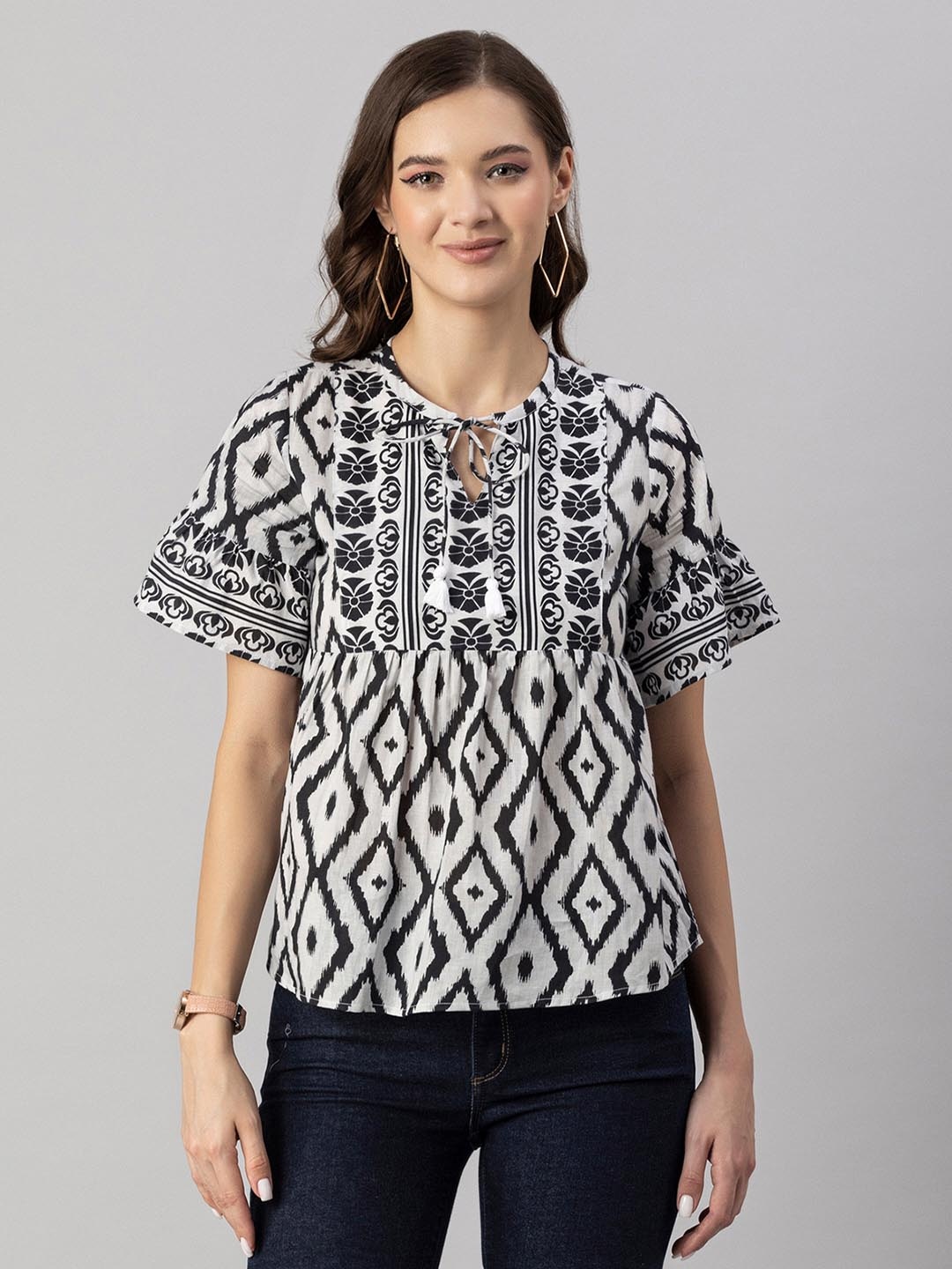 

Moomaya Black Geometric Print Tie-Up Neck Extended Sleeves Cotton Top