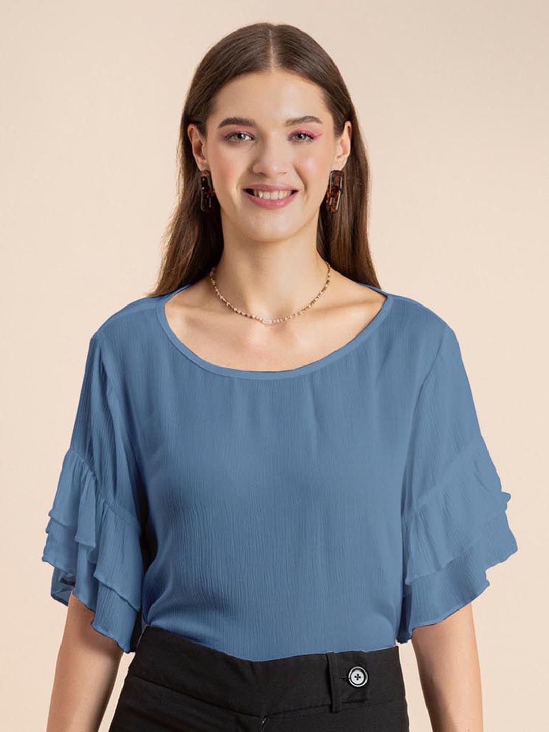 

Moomaya Flutter Sleeves Round Neck, Blue