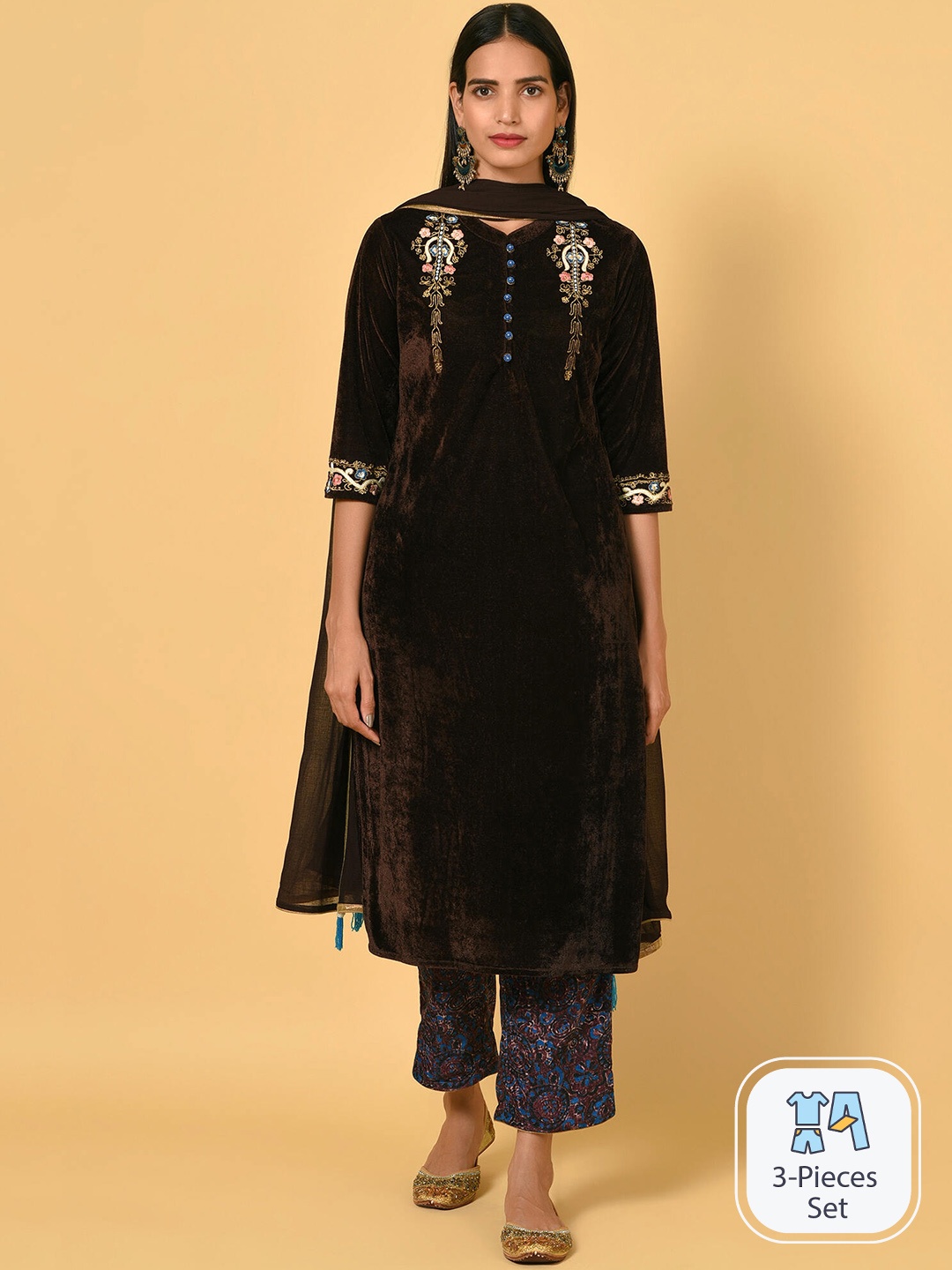 

NUHH Floral Embroidered Velvet Kurta with Trousers & With Dupatta, Brown