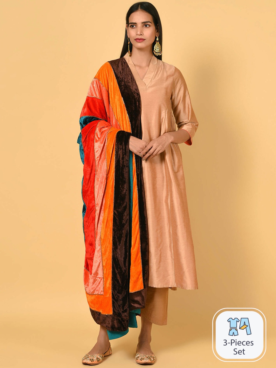 

NUHH V-Neck Kurta With Trousers & Dupatta, Beige