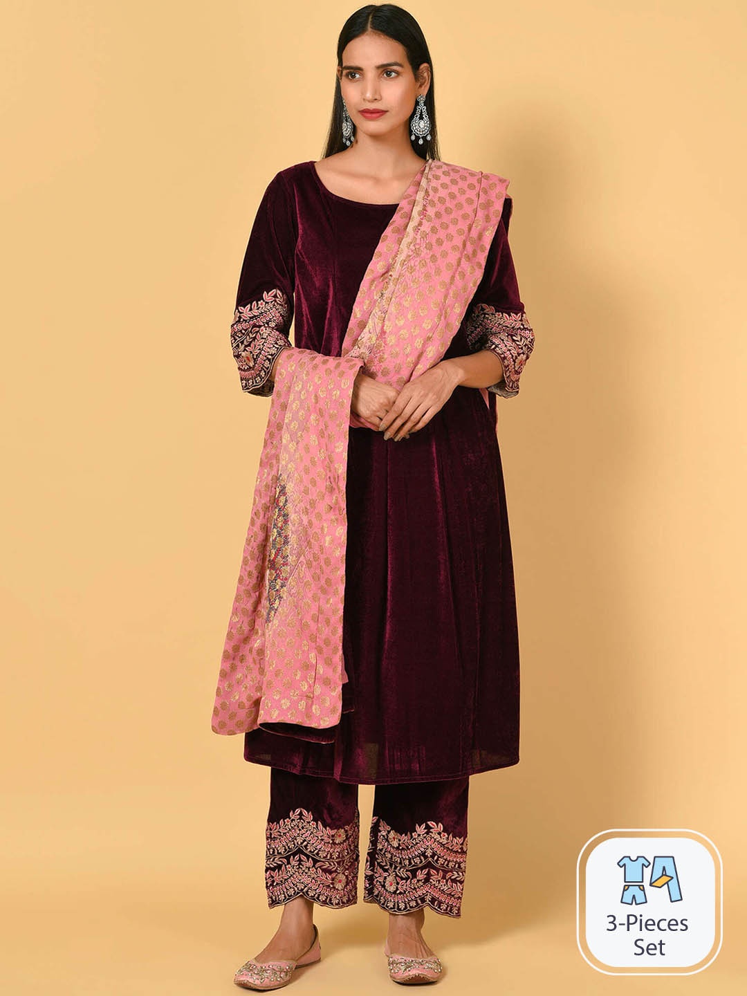 

NUHH Floral Embroidered Thread Work Velvet Kurta With Palazzos & Dupatta, Purple