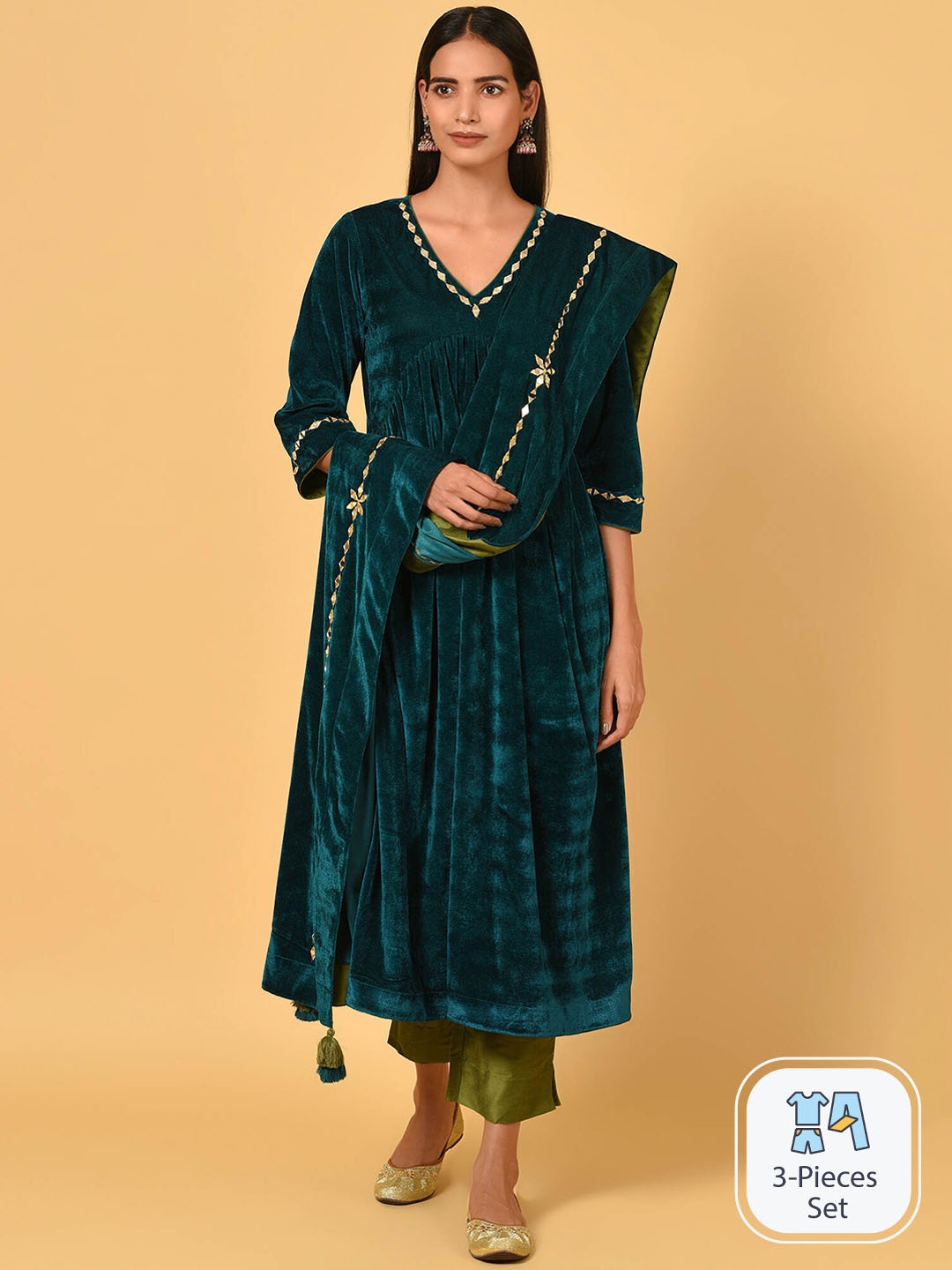 

NUHH Mirror Work Velvet Kurta With Trousers & Dupatta, Teal