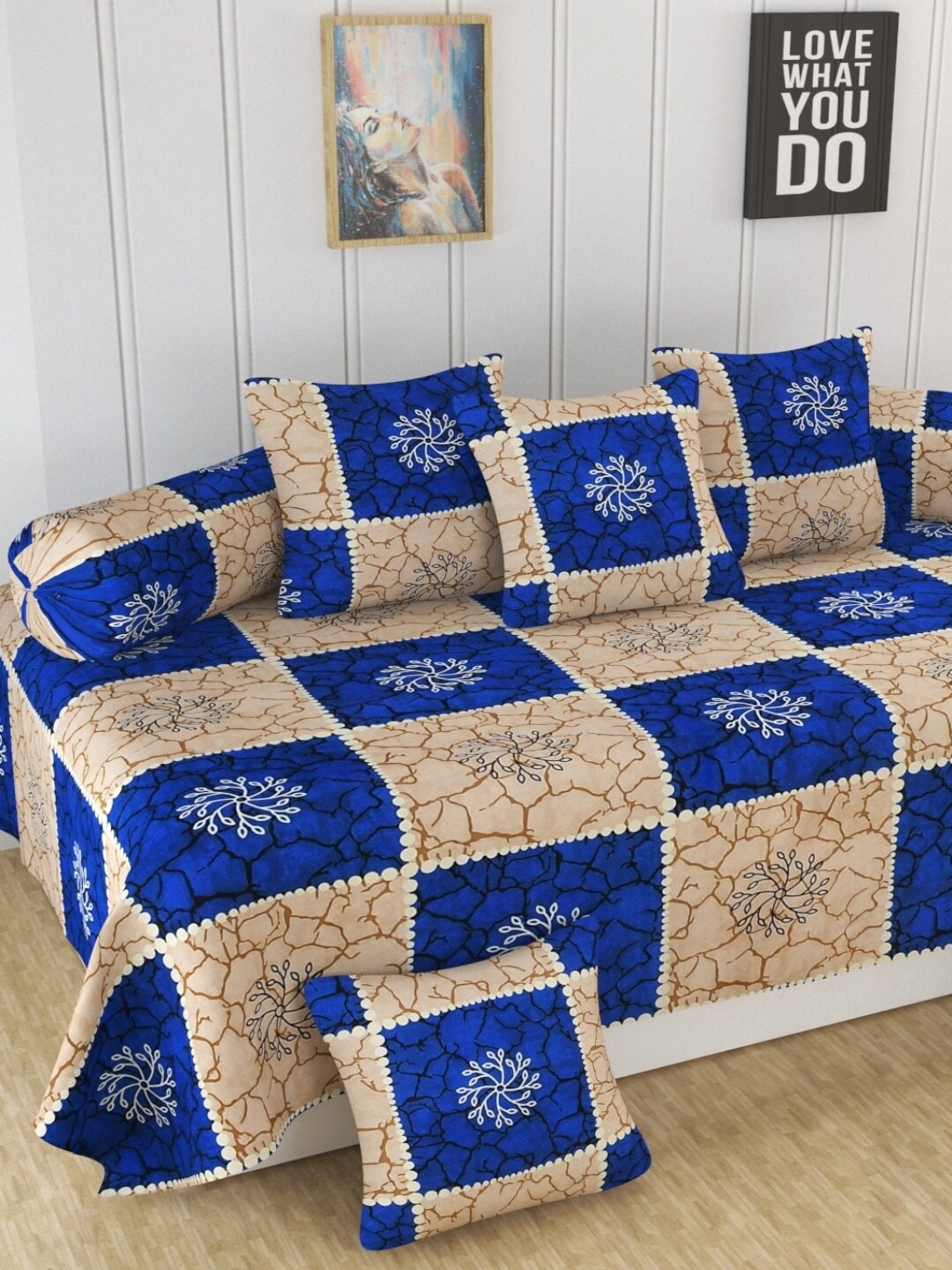 

Homefab India Blue & Beige 8 Pieces Printed Diwan Set