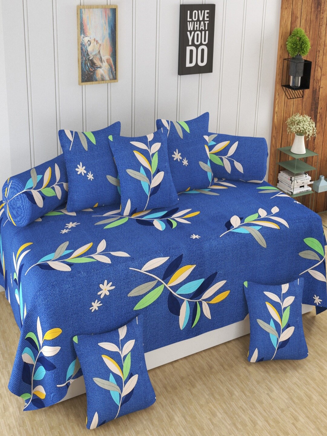 

Homefab India Blue 8 Pieces Floral Diwan Set