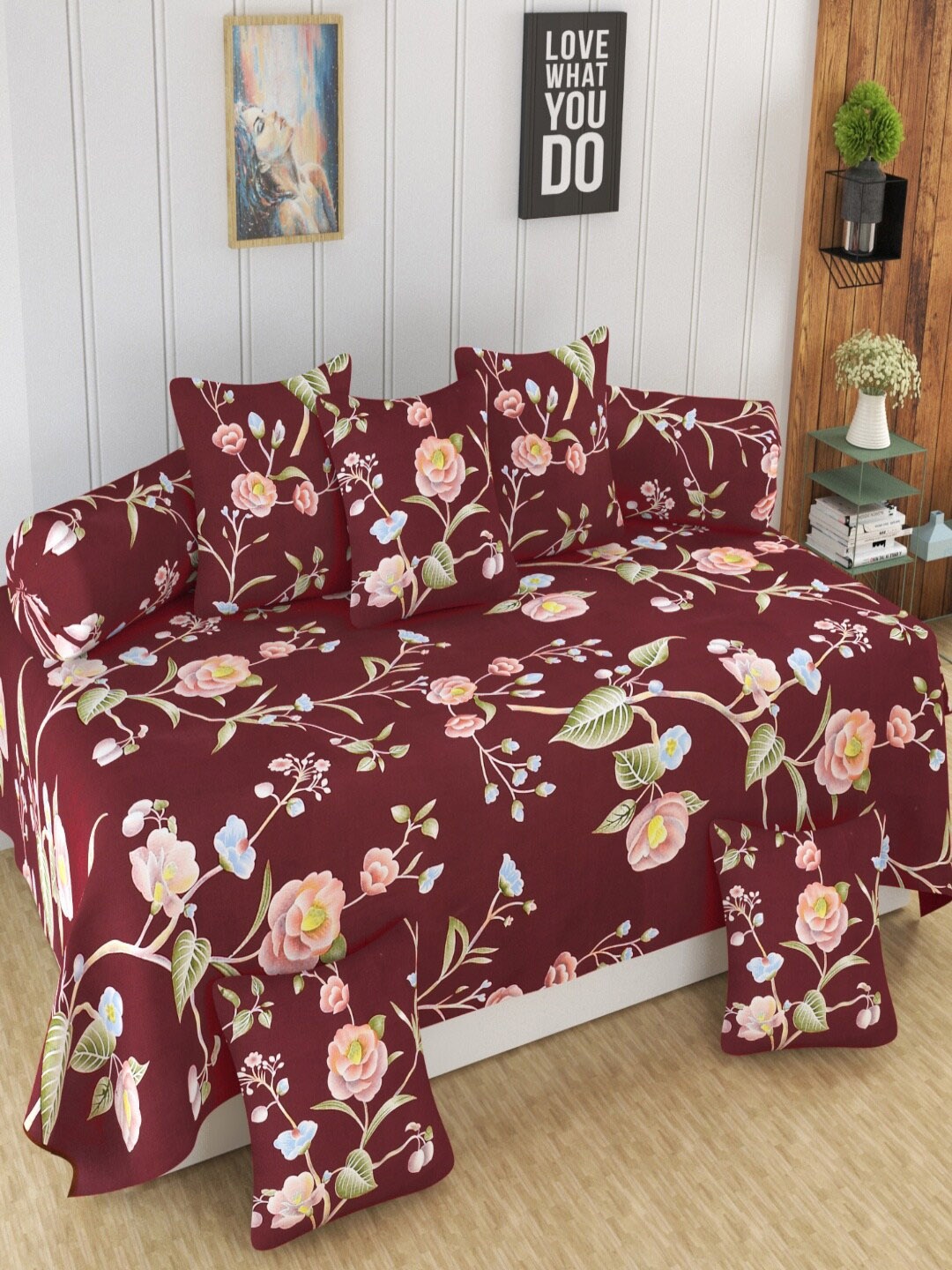 

Homefab India Maroon & Green 8 PiecesFloral Printed Diwan Set