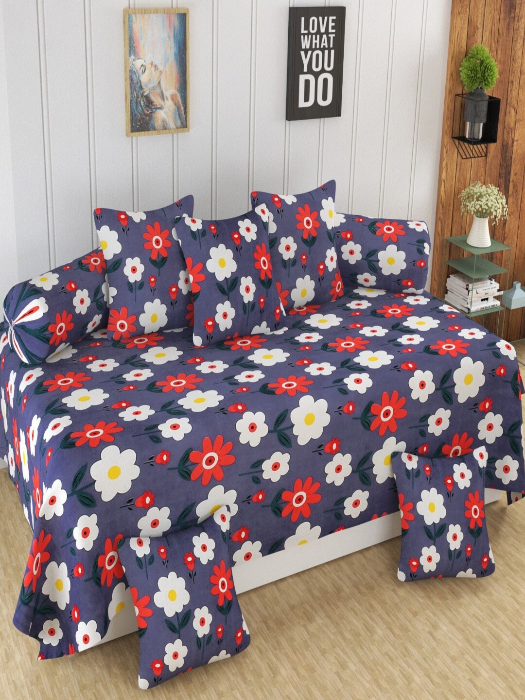 

Homefab India Grey & Red 8 Pieces Printed Floral Printed Diwan Set