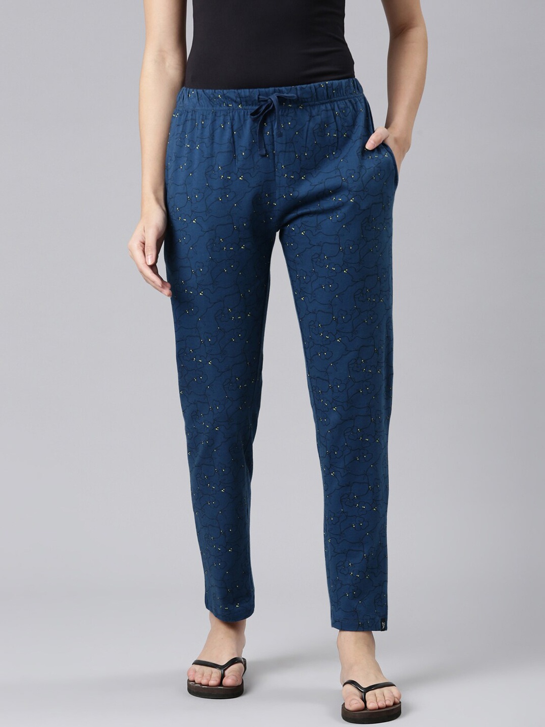 

TWIN BIRDS Women Floral Printed Pure Cotton Lounge Pant, Navy blue