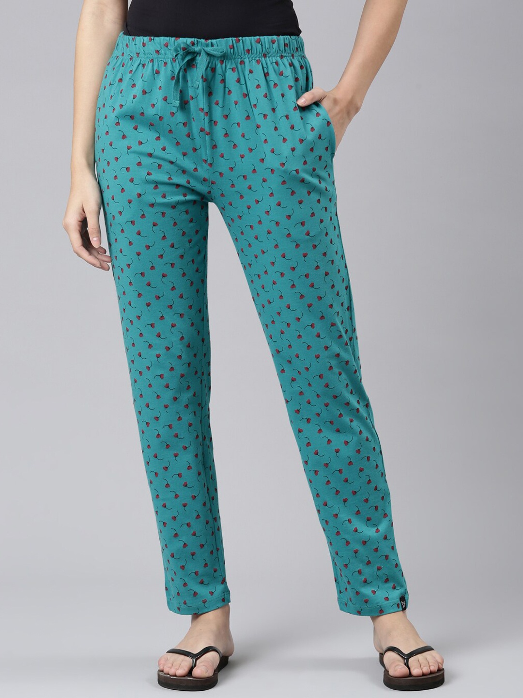

TWIN BIRDS Women Floral Printed Pure Cotton Lounge Pant, Sea green