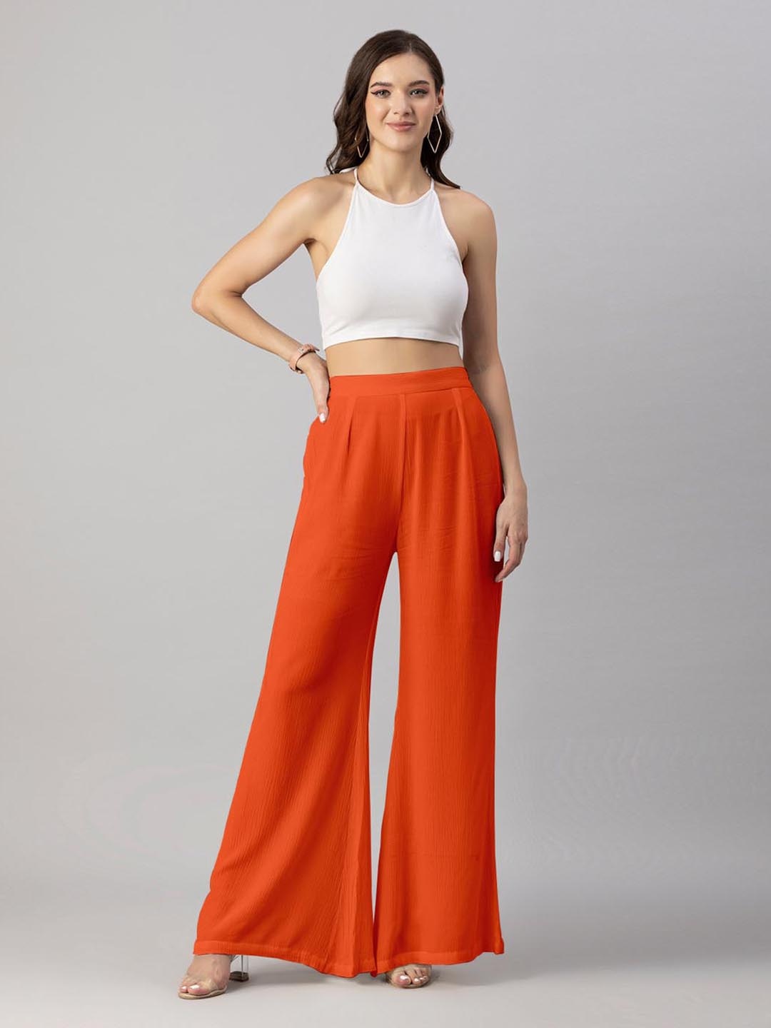 

Moomaya Women Loose Fit High-Rise Pleated Parallel Trousers, Orange