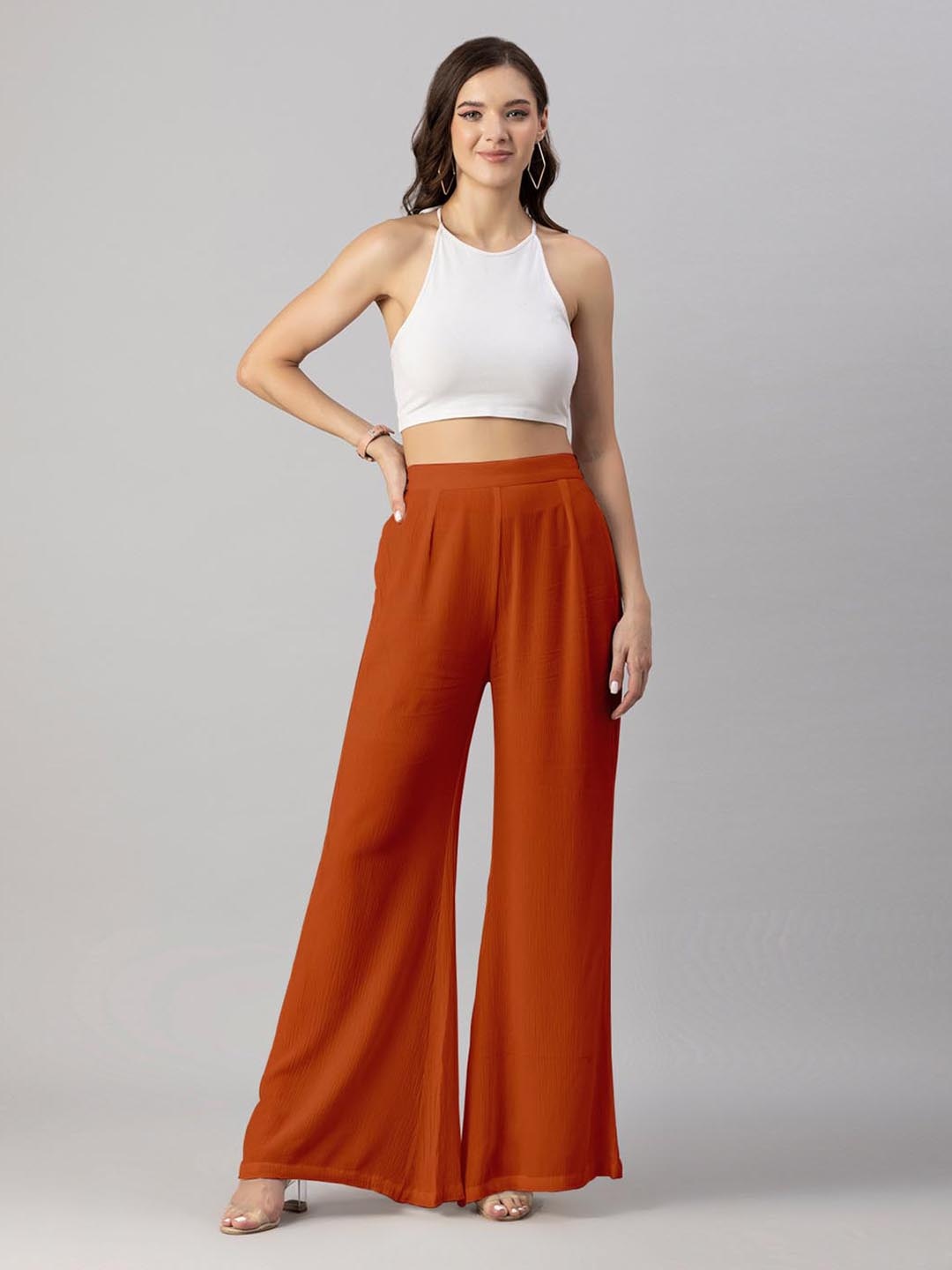 

Moomaya Women Loose Fit High-Rise Pleated Trousers, Brown