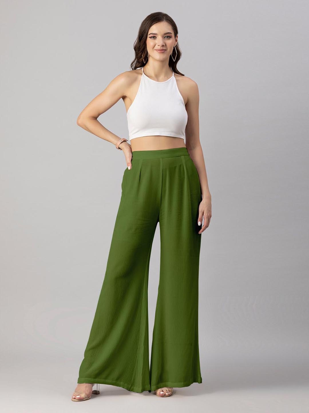 

Moomaya Women Loose Fit High-Rise Pleated Parallel Trousers, Green