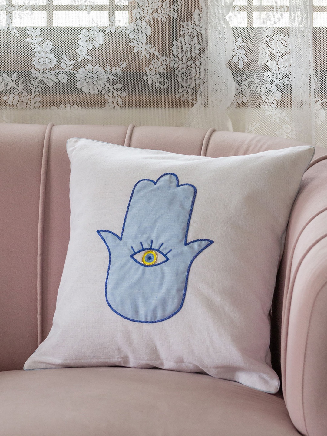 

BandBox White & Blue Embroidered Cotton Square Cushion Cover