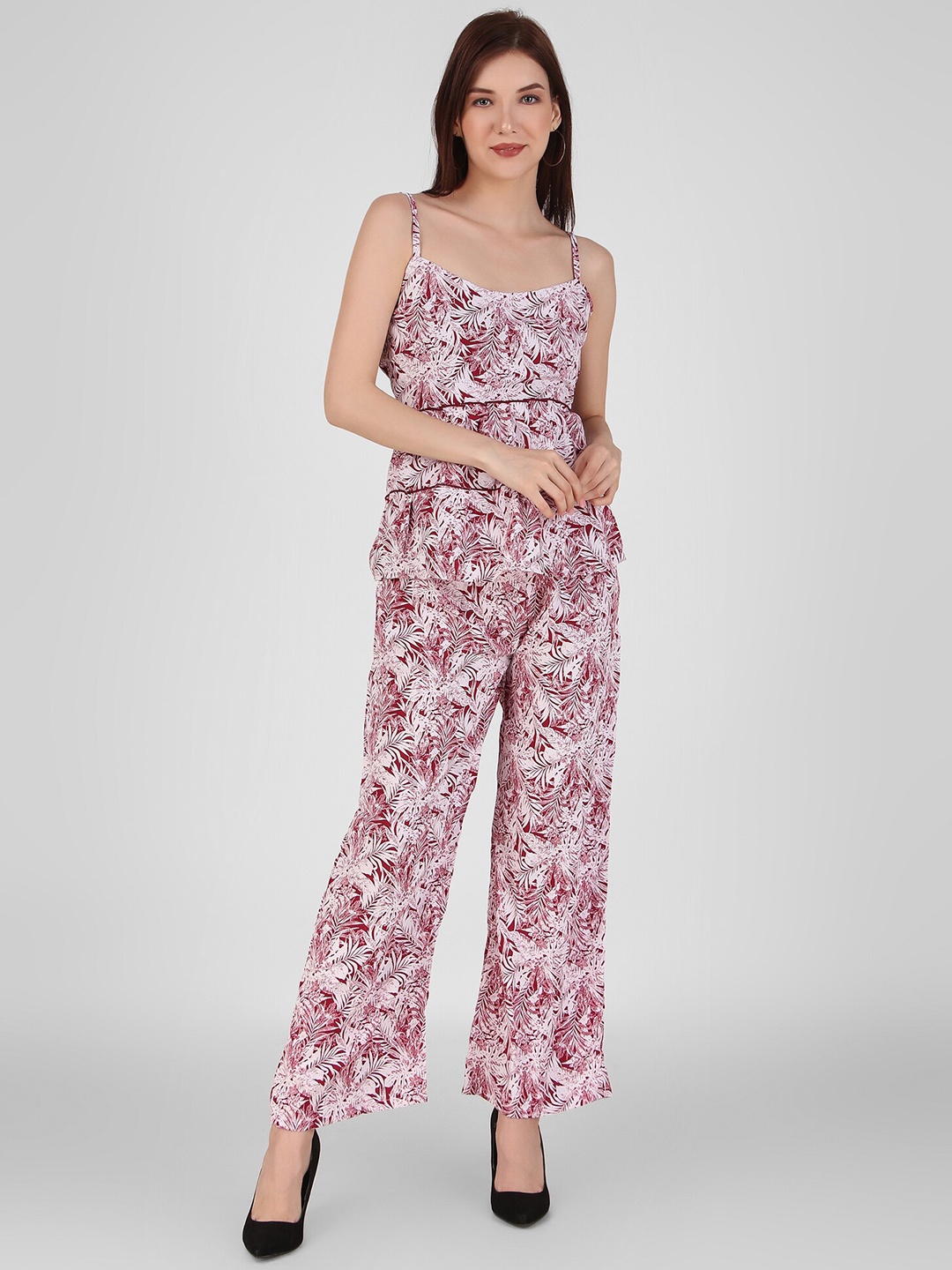 

FNOCKS Round-Neck Top With Printed Palazzo Set, Maroon