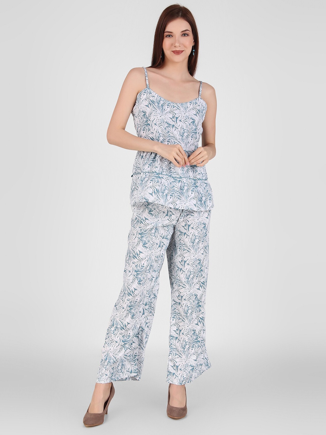 

FNOCKS Floral Printed Shoulder Straps Top & Palazzo, Blue