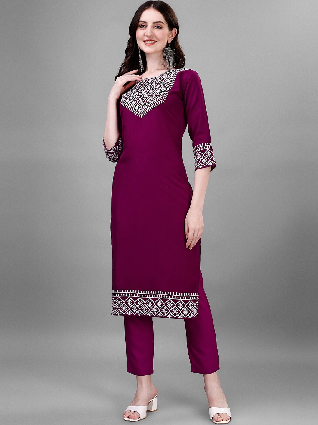 

Femvy Ethnic Motifs Embroidered Round Neck Straight Kurta & Trousers, Magenta