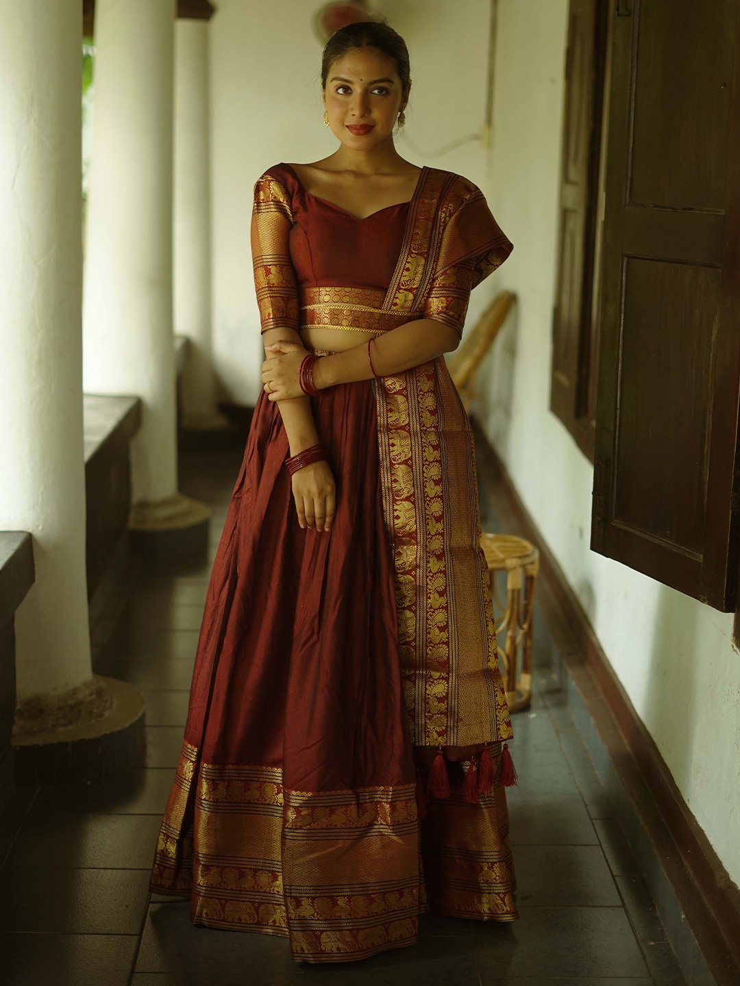 

LOOKNBOOK ART Semi-Stitched Cotton Lehenga & Unstitched Blouse With Dupatta, Maroon