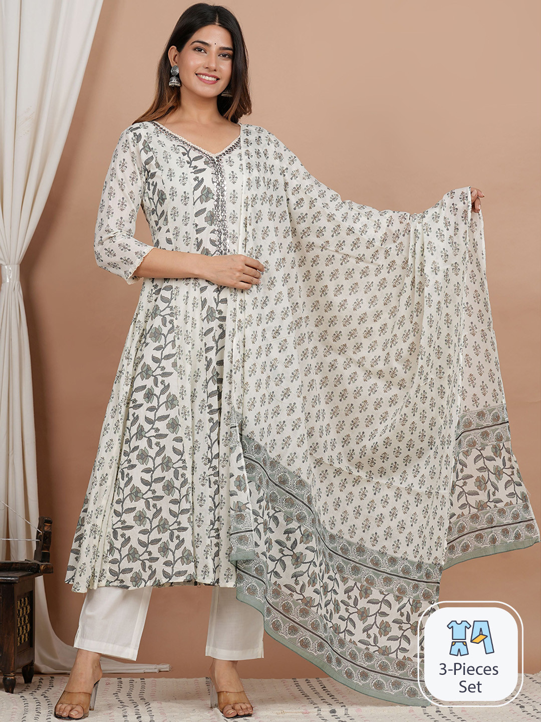 

ZOYOTO Ethnic Motifs Printed Mirror Work Pure Cotton A-Line Kurta & Trousers With Dupatta, White
