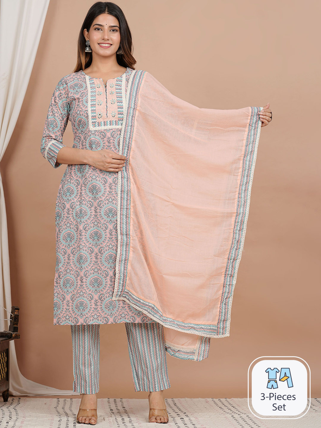 

ZOYOTO Ethnic Motifs Printed Pure Cotton Straight Kurta & Trousers With Dupatta, Peach