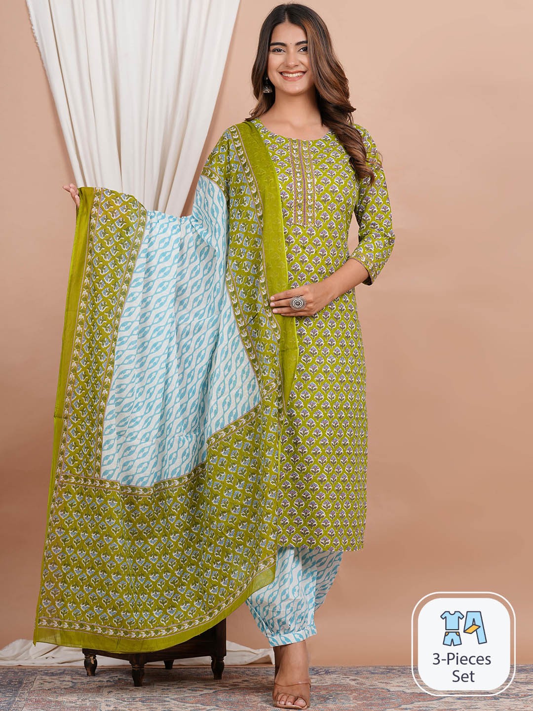 

ZOYOTO Ethnic Motifs Printed Mirror Work Pure Cotton Straight Kurta & Salwar With Dupatta, Green