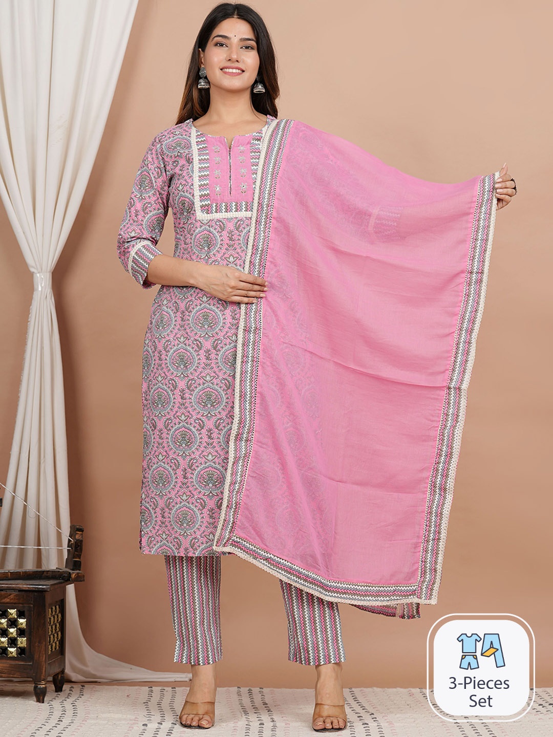 

ZOYOTO Ethnic Motifs Printed Pure Cotton Straight Kurta & Trousers With Dupatta, Pink