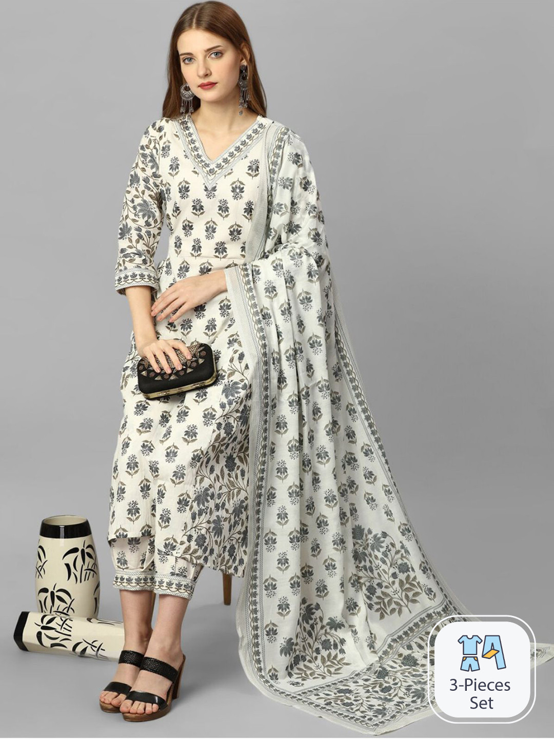 

RAJGRANTH Floral Printed Regular Pure Cotton A-Line Kurta with Pyjamas & With Dupatta, Cream
